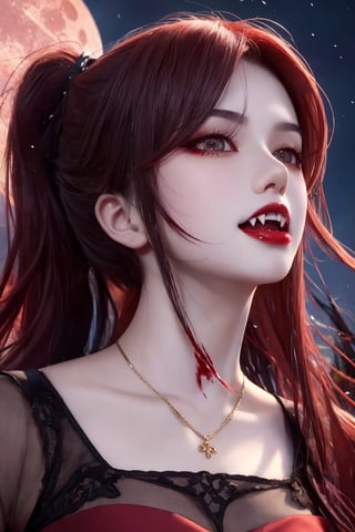 masterpiece,full body portrait,surrealism,best quality, top quality, ultra highres, 8k hdr, 8k wallpaper, RAW, huge file size, intricate details,sharp focus,natural lighting, professional,amazing,finely detailed,delicate, realistic,cinematic light,1girl,solo,expressionless,Side ponytail,((fangs)),blood red hair,Blood red lipstick,portrait,(vampire), ruined city,blood red moon, very detailed facial details, noble temperament,perfect body proportions,red hair, evening dress,short skirt, black pantyhose, fangs, floating , looking at the viewer, moonlight, night, bloody stream, blood on face, evil smile, from below, blood, streaks of blood in the air, river of blood, more details,ll-hd,治疗,cute,COS,清纯美少女
