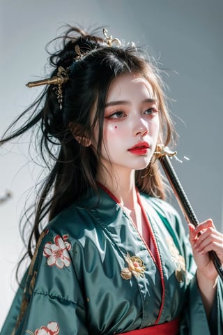 muelsyse (arknights),1girl, solo,hanfu,chinese clothes,splatter background, holding sword, best quality, amazing quality, very aesthetic, absurdres,Detailedface