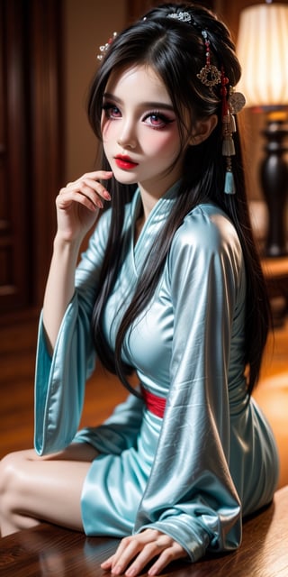 photo r3al, masterpiece, best quality, ultra realistic,slightly raised lips,deep red lipstick,Beautiful and delicate eyes, cute little friendly blue dog mascot, on a table, warm lighting, clothed like a traveling merchant, Spirit Fox Pendant, ColorART, simple, minimalistic,hanfu