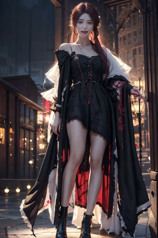 masterpiece,full body portrait,surrealism,best quality, top quality, ultra highres, 8k hdr, 8k wallpaper, RAW, huge file size, intricate details,sharp focus,natural lighting, professional,amazing,finely detailed,delicate, realistic,cinematic light,1girl,solo,expressionless,Side ponytail,((fangs)),blood red hair,Blood red lipstick,portrait,(vampire), ruined city,blood red moon, very detailed facial details, noble temperament,perfect body proportions,red hair, evening dress,short skirt, black pantyhose, fangs, floating , looking at the viewer, moonlight, night, bloody stream, blood on face, evil smile, from below, blood, streaks of blood in the air, river of blood, more details,ll-hd,治疗,cute,COS,清纯美少女,清纯