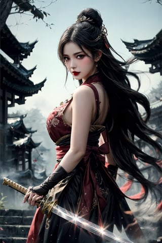 In this dramatic, gritty and intense shot, a beautiful woman dressed in Hanfu stands in a tranquil bamboo forest, surrounded by Chinese architecture. Her long, silky hair flows in the wind and is adorned with delicate fringes and hair accessories. A red ribbon is tied around her neck, and the jewelry sparkles in the light, ((Held Weapon: 1.3)), (Sword), a sword elegantly laid across her back, adding to the overall tension. She looked at the audience intently, her dark red lips slightly raised, exuding confidence and beauty. Her eyes are masterpieces of detailed lifelike detail, and her four fingers and thumb form a perfect anatomy. Her skin texture is super fine and her complexion is fair, almost photo-real. The overall visual impact is breathtaking, creating a shocking picture that is eye-catching.