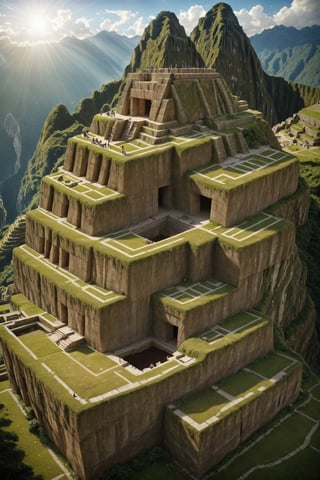 a mountain settlement, like machu piccu incredibly spectacular:1.2), (Mario Botta:1.3), (avant-garde, future, reality, science fiction, photorealistic), (modern architecture:1.2), landmark, green grass, square, path, a giant ancient stone carving of a goddess, long hair, beutiful features, arms spread in welcome. wings spread from her back she is of a very large scale. (Large Files, Ultra Realistic, 8K, 16k, FHD, HD, VFX, Perfect, Photography, composition, sunlight, ray tracing, clear shadow:1.2),  (real landscape:1.1), (blurred background:1.0), (urban background, more_details) ,
mayamaze,extrusionbuilding,caveruinsPOV,caveruinsAerial