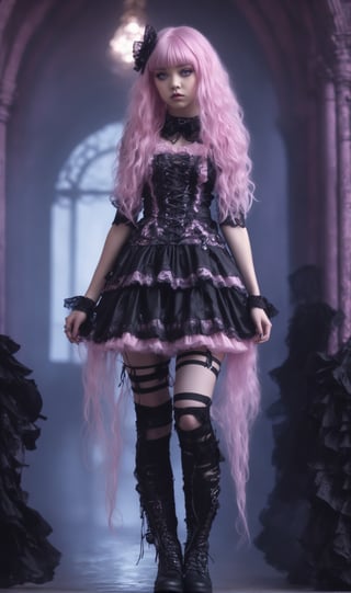 photorealistic concept art, 1girl,nordic Young girl, pink long hair, messy hair, elaborate hair, elaborate outfit, Fairy Grunge Fashion Girl,Grunge-Lolita Fashion, torn girly pastel lace blouse,combat boots,The ethereal glow, metallic accessories, and moody atmosphere create a mystical aura,
Damaged Gothic Lolita long Skirt,lace Skirt,runge elements, her look exudes dark glamour,natural volumetric cinematic perfect light,pastelbg,pastel goth