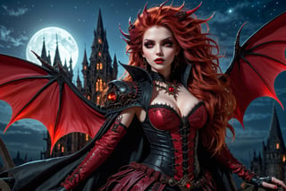 High definition vivid masterpiece, a beautiful vampire woman, elaborate spikey super long, messy red hair, blowing hair, red glowing big detailed eyes, large tattered devil wings, realistic, steampunk, night time, floating in the sky above a gothic castle, gravestones, full moon, starry sky, steampunk mechanical glowing full moon, light shafts, detailed background, boots, full body, Makeup,Masterpiece, full body,realistic