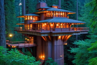 long shot ((masterpiece)), (((best quality))), ((ultra-detailed)), beautiful elaborate realistic ifrank lloyd wright  treehouse deep in a lush green redwood forest,  the frank lloyd wright tree house is spacious, gorgeous frank lloyd wright style architecture, rock base, there is a large wooden deck around the perimeter of the treehouse, nighttime scene, full moon, lit torches, lanterns, long shot from above looking down