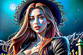 High definition vivid masterpiece, a beautiful witch woman, witch hat, elaborate spikey super long, messy red hair, blowing hair, green glowing big intricate detailed eyes, realistic, velvet elaborate dress, elaborate jewelry, night time, gothic castle, gravestones, full moon, starry sky, glowing full moon, light shafts, detailed background, boots, full body, Makeup,Masterpiece, full body,realistic, 