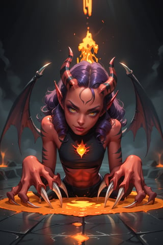 score_9, score_8_up, score_7_up, demon girl, looking at viewer, red skin, devil wings, dark background, (submerged in boiling lava), floor, curly long dark purple hair, yellow eyes, through floor, (glowing eyes:0.4), fog, steam rising, ((hand on floor, hot thick glowing lava, head tilt)), leaning, skinny, (glaring:0.5), naughty faces, mischevious wicked smiles, horns,  jewelry, chromatic aberration, (((cat with red skin, black stripes, large red eyes, long claws, sits next to girl)))