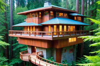 long shot ((masterpiece)), (((best quality))), ((ultra-detailed)), beautiful elaborate realistic ifrank lloyd wright  treehouse deep in a lush green redwood forest,  the tree house is spacious, gorgeous frank lloyd wright style architecture, there is a large wooden deck around the perimeter of the treehouse, shafts of light shine through the canopy, beautiful blue sky,,aw0k euphoric style,aw0k euphoricred style, long shot from above looking down
