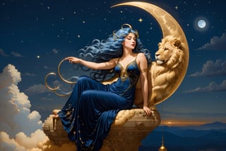 side view. full body shot, extreme long shot,  michael parkes style, pre-raphaelite, a beautiful young magical witch woman with long blue hair is sitting on a shiny golden crescent moon in the night sky. golden dust is falling from the moon. she is wearing an elaborate navy blue silk gown with intricate gold embroidery. a majestic lion is sitting on a floating cloud next to her. stars are in the sky. there are surreal glowing orbs with intricate patterns floating in the sky,  michael parkes, perfect anatomy. beautiful hands, intricate hands, artist study hands. ,1girl,Masterpiece