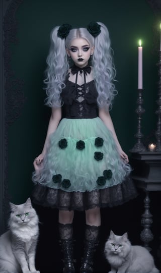 photorealistic concept art, 1girl, irish Young girl, white long hair, messy hair, elaborate hair, hair buns, mischevious smile look on face, dark eye make up, elaborate outfit, black roses in hair, pastel gothic Fashion Girl,Grunge-Lolita Fashion, girly pastel lace blouse, high heel embroidered intricate boots,The ethereal glow, metallic accessories, and moody atmosphere create a mystical aura,
Gothic Lolita long lace Skirt, her look exudes dark glamour,natural volumetric cinematic perfect light,pastelbg,pastel goth, intricate background, candles, realistic large gray cats with fluffy long hair with glowing green eyes at the girl's feet,