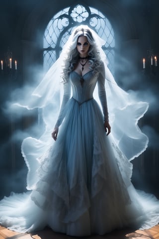 cowboy shot dynamic pose featuring a beautiful woman dressed in a long elaborate gothic gown, resembling a ghostly figure. she his light blue eyes. she has very very long curly grey hair She is wearing a veil and an elaborate gothic necklace, which adds to her eerie appearance. The woman's face is painted white, further enhancing the ghostly look. behind her above is a ghostly apparition, a transparent white female gost hovering above the woman. the detailed background is of a dark gothic mansion at night she is standing in fron of a large window. swirling mists behind her. the overall atmosphere of the image is mysterious and haunting. very high resolution, designed by Ilya kuvshinov, aw0k nsfwfactory, aw0k magnstyle, danknis, Anime, IMGFIX