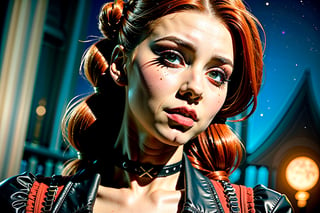 High definition vivid masterpiece, a beautiful vampire woman with red hair, elaborate braids, hair buns, messy hair, blowing hair, red glowing big detailed eyes, large tattered devil wings, realistic, steampunk, night time, in front of a gothic castle, gravestones, full moon, starry sky, dreamy, fantasy, mythical, magical, steampunk mechanical glowing full moon, light shafts, detailed background, boots, full body,horror,Makeup,Masterpiece
