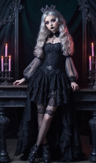 photorealistic concept art, 1girl, irish Young girl, blond long hair, messy hair, elaborate hair, hair buns, serene expression on face, dark eye make up, elaborate outfit, intricate princess crown on head, pastel gothic Fashion Girl,Grunge-Lolita Fashion, girly pastel lace blouse, high heel embroidered silk intricate thigh high boots, holding a glass bejeweled goblet of dark red wine, The ethereal glow, metallic accessories, and moody atmosphere create a mystical aura,
Gothic Lolita long lace Skirt, her look exudes dark glamour,natural volumetric cinematic perfect light,pastelbg,pastel goth, intricate background, candles, realistic large gray cats with fluffy grey long hair with glowing green eyes at the girl's feet,
