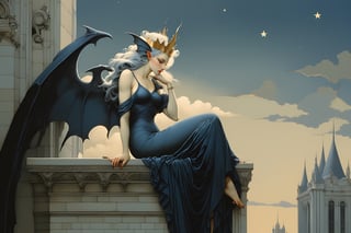 extreme long shot view,  michael parkes style, a beautiful young queen of gargoyles with gargoyle wings, long grey-blue hair, an elaborate black silk gown and a silver crown is sitting next to her baby gargoyles on the top of a very tall building. her eyes are open and she has a serene expression. its night time with a full moon and dark sky. a gargoyle is swooping down from above getting ready to land on a building. stars are in the sky.  michael parkes, artist study hands. ,1girl,Masterpiece,SD 1.5,realistic