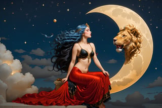 side view. full body shot, extreme long shot,  michael parkes style, pre-raphaelite, a beautiful young magical witch woman with long blue hair is sitting on a shiny golden crescent moon in the night sky. golden dust is falling from the moon. she is wearing an elaborate red silk gown with intricate black embroidery. a majestic lion is sitting on a floating cloud next to her. stars are in the sky. there are spheres and glowing orbs with intricate patterns etched on them floating in the sky,  michael parkes, artist study hands. ,1girl,Masterpiece