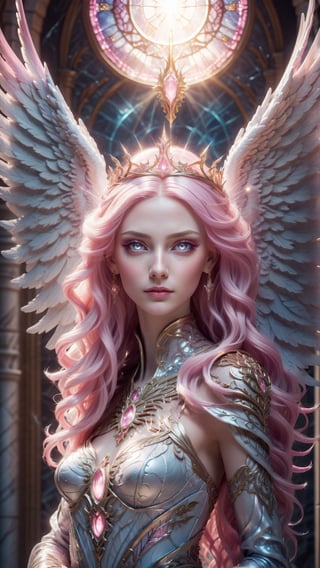 close up portrait of a beautiful queen of the angels glowing, magnificent, serene, vivid light pink hair, large light pink eyes, she is wearing an elaborate gown, detailed background of a heavenly castle of light marble, AngelicStyle,more detail XL, 