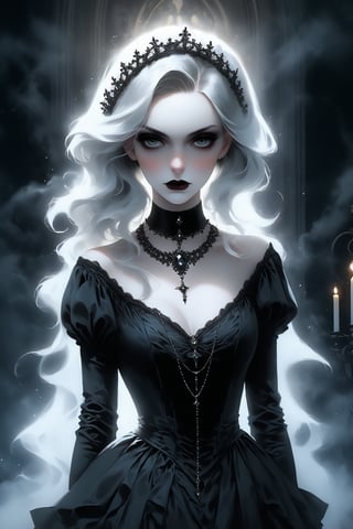 portrait of a sexy beautiful woman dressed in a long elaborate black gothic gown, resembling a ghostly figure apparition. She is wearing an elaborate gothic necklace, which adds to her eerie appearance. The woman's face is painted white, further enhancing the ghostly look. the detailed background is of a dark gothic mansion at night. swirling mists behind her. The overall atmosphere of the image is mysterious and haunting.  very_high_resolution,  , designed by Ilya kuvshinov, aw0k nsfwfactory,  aw0k magnstyle,  danknis,    Anime,  IMGFIX