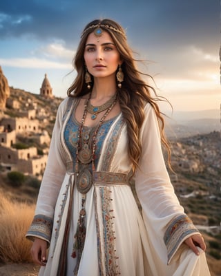 32k, large and very detailed eyes, ultra realistic details, beautiful mythic ancient turkish woman, serene facial expression, elaborate very long braided hair, traditional turkish female dress, floating, windy, messy hair, elaborate difficult, masterpiece, high quality, detailed cores, fairy chimneys cappadocia, turkey in background, shafts of light,  breathtaking beauty, pure perfection, mystical, cinematographic, full body shot, full body shot,