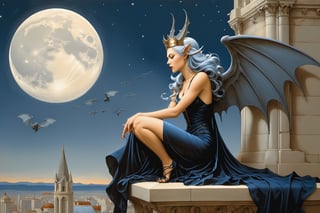 side view. extreme long shot,  michael parkes style, a beautiful young queen of gargoyles with gargoyle wings, long grey-blue hair, an elaborate black silk gown and a crown is sitting next to gargoyles on the top of a very tall building. her eyes are open and she has a serene expression. its night time with a full moon. a gargoyle is swooping down from above getting ready to land on a building. stars are in the sky.  michael parkes, artist study hands. ,1girl,Masterpiece,SD 1.5,realistic