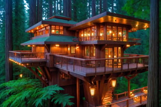 long shot ((masterpiece)), (((best quality))), ((ultra-detailed)), beautiful elaborate realistic ifrank lloyd wright  treehouse deep in a lush green redwood forest,  the tree house is spacious, gorgeous frank lloyd wright style architecture, there is a large wooden deck around the perimeter of the treehouse, nighttime, full moon, lit torches, lanterns, long shot from above looking down

