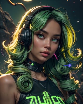 symmetrical face, perfect realistic green eyes, (female hair made of fine multicolored neon, green curls:1.5), (long thin hair made of multicolored neon strands, wearing headphones, serene expression, enjoying music, realism, ultra high resolution, 8k, HDr, art, high detail, , art, detailed background full moon, stars, nebula, northern lights, zoomed out