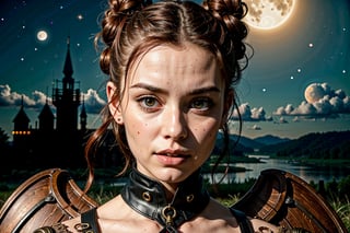 High definition vivid masterpiece, a beautiful vampire woman with red hair, elaborate braids, hair buns, messy hair, blowing hair, red glowing big detailed eyes, large tattered devil wings, realistic, steampunk, night time, in front of a gothic castle, gravestones, full moon, starry sky, dreamy, fantasy, mythical, magical, steampunk mechanical glowing full moon, light shafts, detailed background, boots, full body,horror,Makeup,Masterpiece, full body,realistic