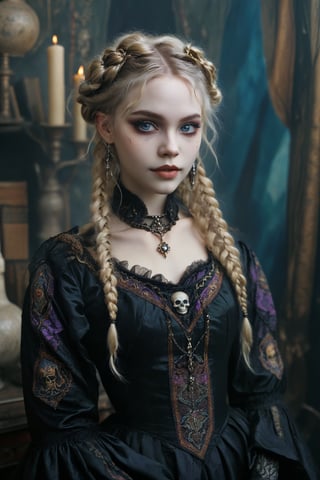 medium long shot of 1girl, a beautiful rococo gothic witch. lshe has soft wavy blonde hair elaborate braids and buns, big round beautiful eyes. dark gothic make-up. smooth perfect skin, beautiful full lips. she has a warm, welcoming smile. she is resplendent in a beautiful gothic witch dress adorned with intricate embroidery rich colors of purples golds blue and black luxurious fabrics like silk and velvet. the detailed background is of her rococo witches lair of ancient leather books, spellbooks, potions, candles, crystal ball, skull. she is powerful and benevolent, a healer of the highest order. ,hubggirl