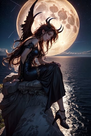 extreme long shot, side view, michael parkes style, a stunning beautiful young queen of gargoyles with detailed gargoyle wings, horns, thick voluminous long curly vivid red mane of hair sitting on the ledge of a very tall cliff above the ocean below. there are no other people or buildings near her. she is looking at the ocean. she is wearing an elaborate long black gown. its night time with a full moon. dark blue black sky & stars are in the sky. gargoyles flying in the night sky.  michael parkes, zoom out.,1girl,Masterpiece,SD 1.5,realistic,fashion_girl,more detail XL,extremely detailed,zavy-hrglw