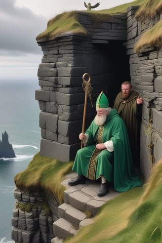 very detailed scene of st. patrick being held captive by an ancient celtic mob atop on the edge of the cliffs of moher, realistic,