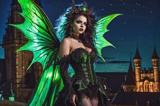 High definition vivid masterpiece, a beautiful vampire woman, elaborate spikey super long, messy hair, blowing hair, green glowing big detailed eyes, large tattered devil wings, realistic, steampunk, night time, in front of a gothic castle, gravestones, full moon, starry sky, dreamy, fantasy, mythical, magical, steampunk mechanical glowing full moon, light shafts, detailed background, boots, full body,horror,Makeup,Masterpiece, full body,realistic