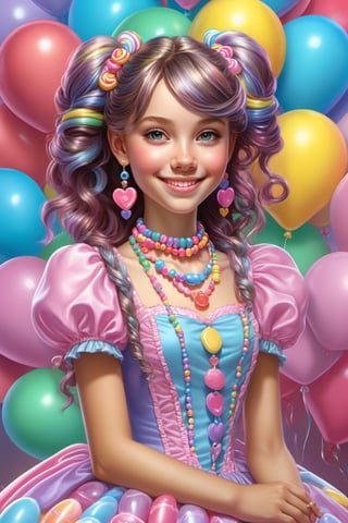 (masterpiece:1.2), (photorealistic:1.2), (best quality),((realistic:1.3)), (detailed skin:1.3), (intricate details), dramatic, ray tracing,finely detailed, quality,realistic lighting, smile,young 15 year old girl,1girl, pale skin, elaborate candy colored princess, dress, candy styl necklace, earrings and hair adornments, multi-colored pastel curly hair in ponytails with bangs, full body,looking at viewer, candy hearts, candy bubbles, lolipops, cotton candy, vivid balloons, ,bon bons, girl is surrounded by candy on all sides, ,more detail XL