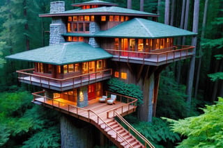 long shot ((masterpiece)), (((best quality))), ((ultra-detailed)), beautiful elaborate realistic frank lloyd wright  treehouse deep in a lush green redwood forest,  the tree house is spacious, gorgeous frank lloyd wright style architecture, rock slate foundation, there is a large wooden deck around the perimeter of the treehouse, night time full moon,,aw0k euphoric style,aw0k euphoricred style, long shot from above looking down
