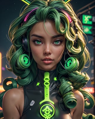 shot from a distance, beautiful girl, dancing slowly, full body, high heeled thigh high boots, symmetrical face, perfect realistic green eyes, (female hair made of fine multicolored neon, green curls:1.5), bombshell hair, (long thin hair made of multicolored neon strands, watching a vivid tablet screen, wearing headphones, serene expression, enjoying music, realism, ultra high resolution, 8k, HDr, art, high detail, , art, detailed background night sky, full moon, starry sky, zoomed out