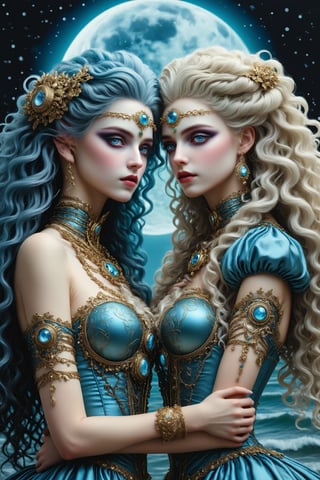 middle shot, cinematic, dynamic, realistic portrait of two beautiful ancient priestesses. side by side, looking at each other. embracing. a fusion of elaborate rococo, ancient roman, ancient european gothic punk. one has long curly blue hair and blue eyes. the other has light brown straight long hair. they wear elaborate priestess outfits. bejewelled. a detailed background of an ocean beach at night, dark sky, full moon, perfect female anatomy, goth person, pastel goth, dal, Gaelic Pattern Style, middle shot, cinematic, dynamic