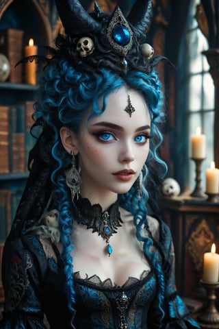 1girl,Envision a beautiful rococo gothic witch. long big vivid blue curly hair in elaborate braids and buns, detailed blue eyes. dark gothic make-up. smooth perfect skin, beautiful full lips. she has a warm, welcoming smile. she is resplendent in a beautiful witch dress adorned with intricate gothic embroidery, with rich colors and luxurious fabrics. she wears a conical, pointy-tipped witch hat adorned with intricate gothic embroidery,  rich colors and luxurious fabrics. the detailed background is of her rococo witches lair of ancient leather books, spellbooks, potions, candles, crystal ball, skull. she is powerful and benevolent, a healer of the highest order. 