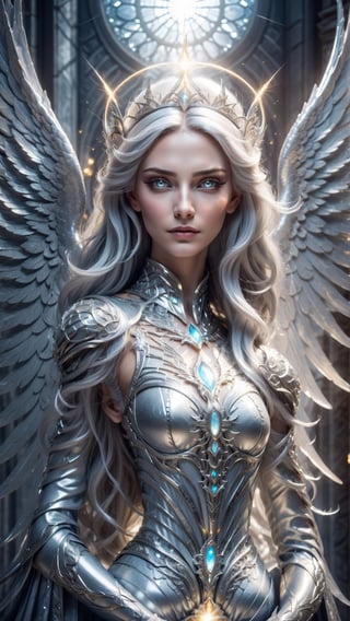 close up portrait of a beautiful queen of the angels glowing, magnificent, serene, vivid silver hair, large light silver eyes, she is wearing an elaborate gown, detailed background of a heavenly castle of light marble, AngelicStyle,more detail XL, 