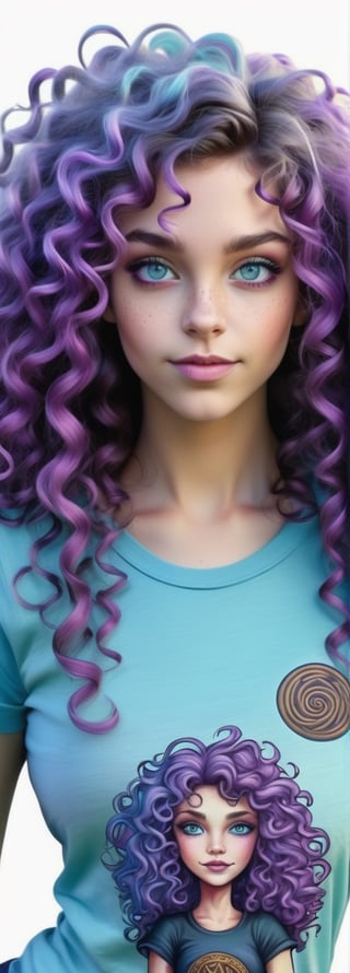 beautiful girl, witchy, magical, celtic vibe, featuring a walking girl in a tight t-shirt with faded light blue jeans. Embrace surrealism creating a unique t-shirt art piece. girl has purple voluminous curly mane hair, vivid ice blue eyes, bangs, closed mouth smile, intelligent eyes, sensual, full body, from a distance, 