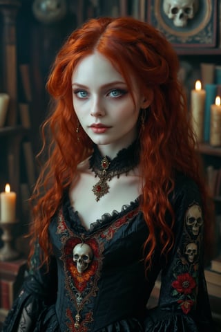 medium long shot of 1girl, a beautiful rococo gothic witch. she has soft wavy vivid red long hair, big round beautiful eyes. dark gothic make-up. smooth perfect skin, beautiful full lips. she has a warm, welcoming smile. she is resplendent in a beautiful gothic witch dress adorned with intricate embroidery rich colors and luxurious fabrics like silk and velvet. the detailed background is of her rococo witches lair of ancient leather books, spellbooks, potions, candles, crystal ball, skull. she is powerful and benevolent, a healer of the highest order.,real_booster