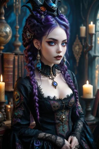 1girl,Envision a beautiful rococo gothic witch. long big vivid purple hair in elaborate braids and buns, big round beautiful eyes. dark gothic make-up. smooth perfect skin, beautiful full lips. she has a warm, welcoming smile. she is resplendent in a beautiful witch dress adorned with intricate gothic embroidery, with rich colors and luxurious fabrics. she wears a conical, pointy-tipped witch hat adorned with intricate gothic embroidery,  rich colors and luxurious fabrics. the detailed background is of her rococo witches lair of ancient leather books, spellbooks, potions, candles, crystal ball, skull. she is powerful and benevolent, a healer of the highest order. 