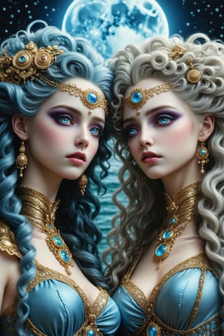 close up shot, cinematic, dynamic, realistic portrait of two beautiful ancient priestesses. side by side, looking at each other. embracing. a fusion of elaborate rococo, ancient roman, ancient european gothic punk. one has long curly blue hair and blue eyes. the other has light brown straight long hair. they wear elaborate priestess outfits. bejewelled. a detailed background of an ocean beach at night, dark sky, full moon, perfect female anatomy, goth person, pastel goth, dal, Gaelic Pattern Style, close up shot, cinematic, dynamic