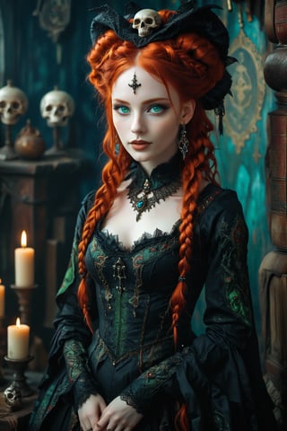 1girl,Envision a beautiful rococo gothic witch. long big vivid red hair in elaborate braids and buns, detailed green eyes. dark gothic make-up. smooth perfect skin, beautiful full lips. she has a warm, welcoming smile. she is resplendent in a beautiful witch dress and pointy witch hat adorned with intricate gothic embroidery, with rich colors and luxurious fabrics. the detailed background is of her rococo witches lair of ancient leather books, spellbooks, potions, candles, crystal ball, skull. she is powerful and benevolent, a healer of the highest order. 