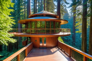 long shot ((masterpiece)), (((best quality))), ((ultra-detailed)), beautiful elaborate realistic ifrank lloyd wright  treehouse deep in a lush green redwood forest,  the tree house is spacious, gorgeous frank lloyd wright style architecture, there is a large wooden deck around the perimeter of the treehouse, shafts of light shine through the canopy, beautiful blue sky,,aw0k euphoric style,aw0k euphoricred style, long shot from above looking down
