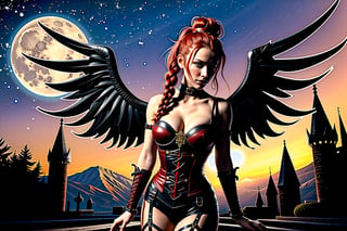 High definition vivid masterpiece, a beautiful vampire woman with red hair, elaborate braids, hair buns, messy hair, blowing hair, red glowing big detailed eyes, large tattered devil wings, realistic, steampunk, night time, in front of a gothic castle, gravestones, full moon, starry sky, dreamy, fantasy, mythical, magical, steampunk mechanical glowing full moon, light shafts, detailed background, boots, full body,horror,Makeup,Masterpiece, full body