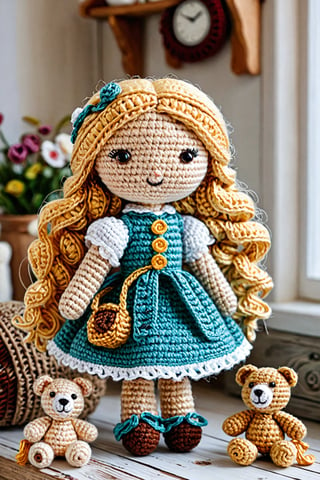 crocheted goldilocks, in a cottage with the three bears. detailed textures, ultra sharp, crocheted