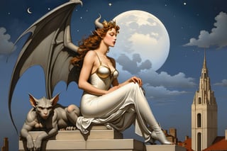 side view. extreme long shot,  michael parkes style, pre-raphaelite, a beautiful young queen of gargoyles is sitting next to a couple of gargoyles on the top of a very tall building. her eyes are open and she has a serene expression. its night time with a full moon. a gargoyle is flying near the woman. stars are in the sky.  michael parkes, artist study hands. ,1girl,Masterpiece,SD 1.5,realistic