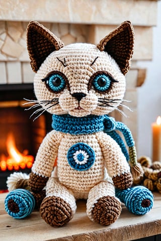 crocheted siamese cat toy cat blue eyes, sitting in front of a fireplace on a puffy pillow. detailed textures, ultra sharp, crocheted