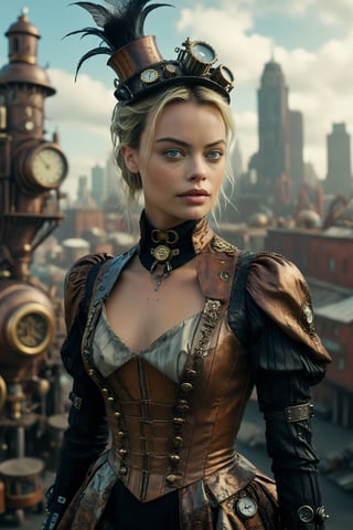 medium shot of 1girl, a beautiful Margot Robbie. she is dressed in an elaborate steampunk outfit. behind her is a steampunk cityscape.