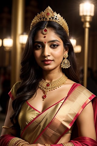 full body shot, beautiful female goddess Lakshmi, light copper eyes, Hindu goddess of prosperity and wealth, elaborate indian female saree and dupatta in colors of red and gold, she is wearing elaborate gold necklaces earrings and bangles on her arms, gold nose ring, serene expression, Lakshmi is surrounded by lotus flowers, she is glowing, illuminated, a holy goddess, with an elaborate gold crown, detailed background of the heavens, clouds stars, ,Detailedface,1girl,Masterpiece,Saree, full body,realhands,Indian,1 girl,Indian Designer Dress,more detail XL,fashion_girl,SD 1.5,REALISTIC,photo of perfecteyes eyes