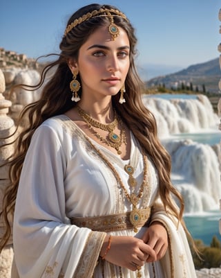 32k, large and very detailed eyes, ultra realistic details, beautiful mythic ancient turkish woman, serene facial expression, elaborate very long braided hair, traditional turkish female dress, floating, windy, messy hair, elaborate difficult, masterpiece, high quality, detailed cores, pamukkale, turkey in background, shafts of light,  breathtaking beauty, pure perfection, mystical, cinematographic, full body shot, full body shot,