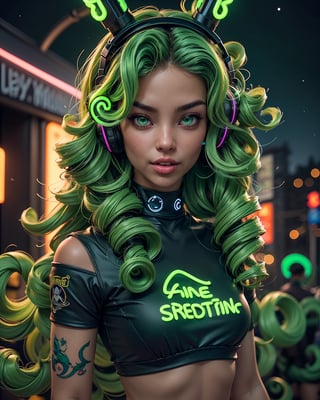 full body, beautiful girl, dancing slowly, full body, high heeled thigh high boots, symmetrical face, perfect realistic green eyes, (female hair made of fine multicolored neon, green curls:1.5), bombshell hair, (long thin hair made of multicolored neon strands, watching a vivid tablet screen, wearing headphones, serene, happy, ecstacy expression, enjoying music, realism, ultra high resolution, 8k, HDr, art, high detail, , art, detailed background night sky, full moon, starry sky, zoomed out